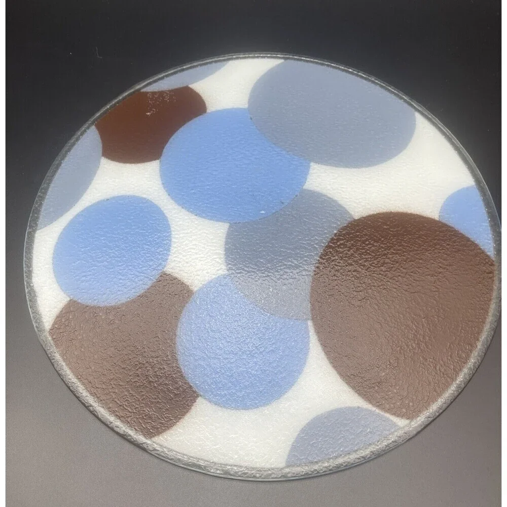 Fused Art Glass Modern Round BLUE GRAY WHITE‎ BROWN Platter 13.75” Signed